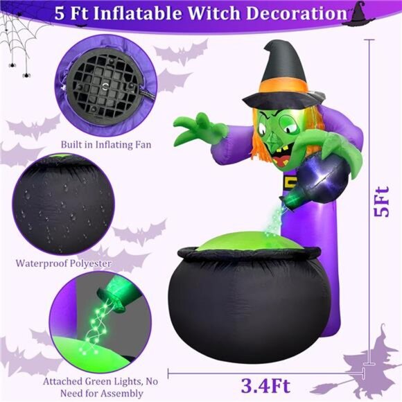 5 Ft Halloween Inflatable Witch with Cauldron and Green LED String Light - Picture 2 of 6